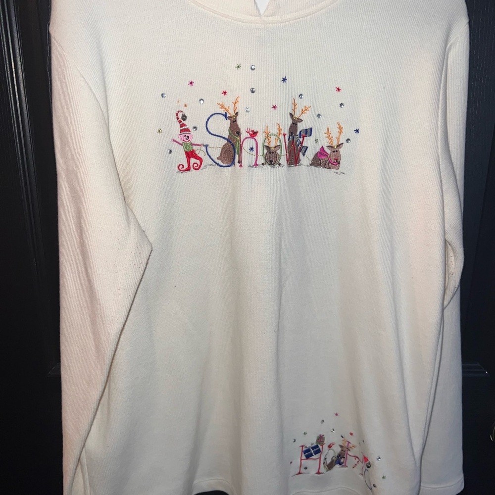 White Stag Cream Holiday Embroidered Sweatshirt with Colorful Accents